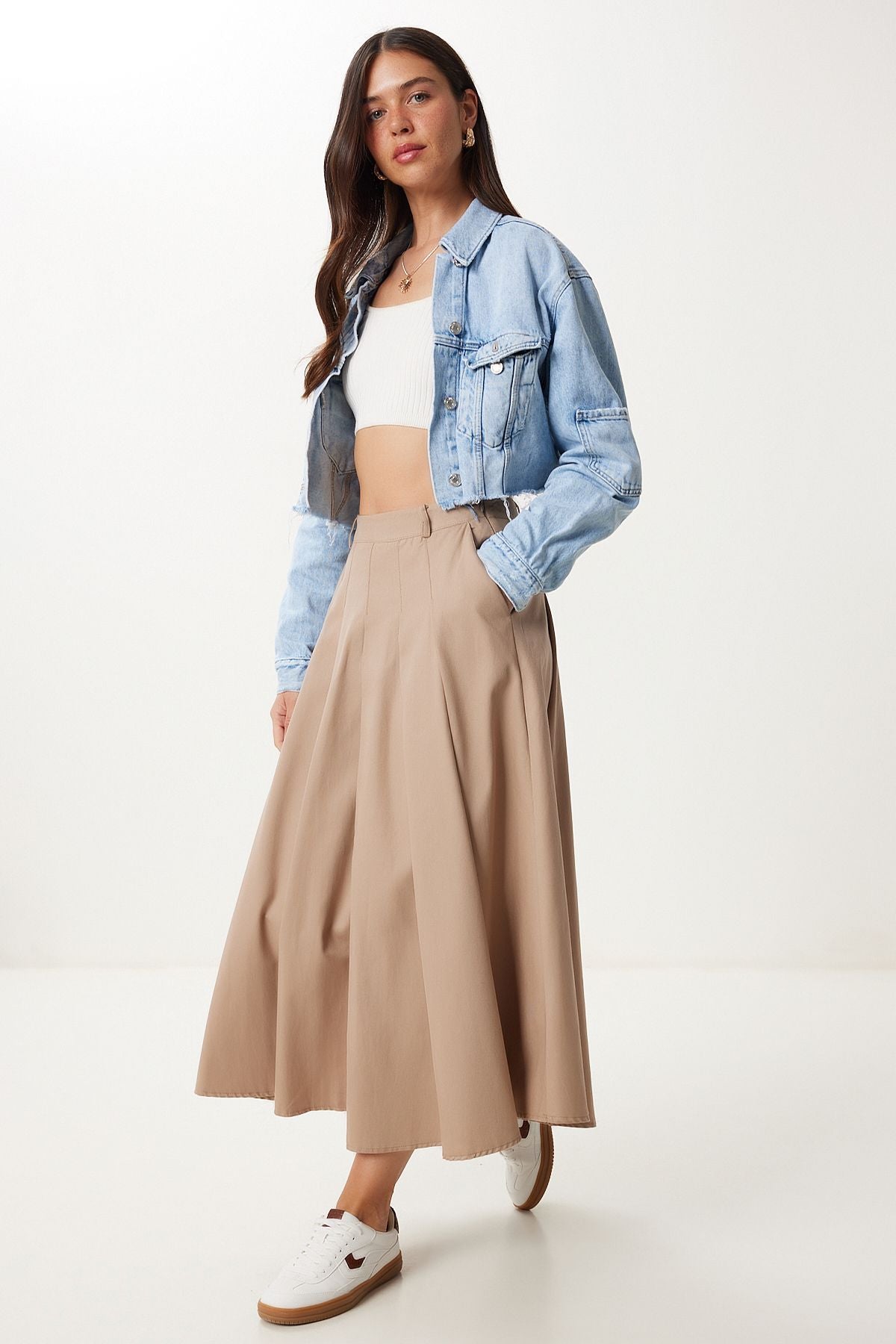 Bej Cepli Gabardin Kloş Etek GP00026