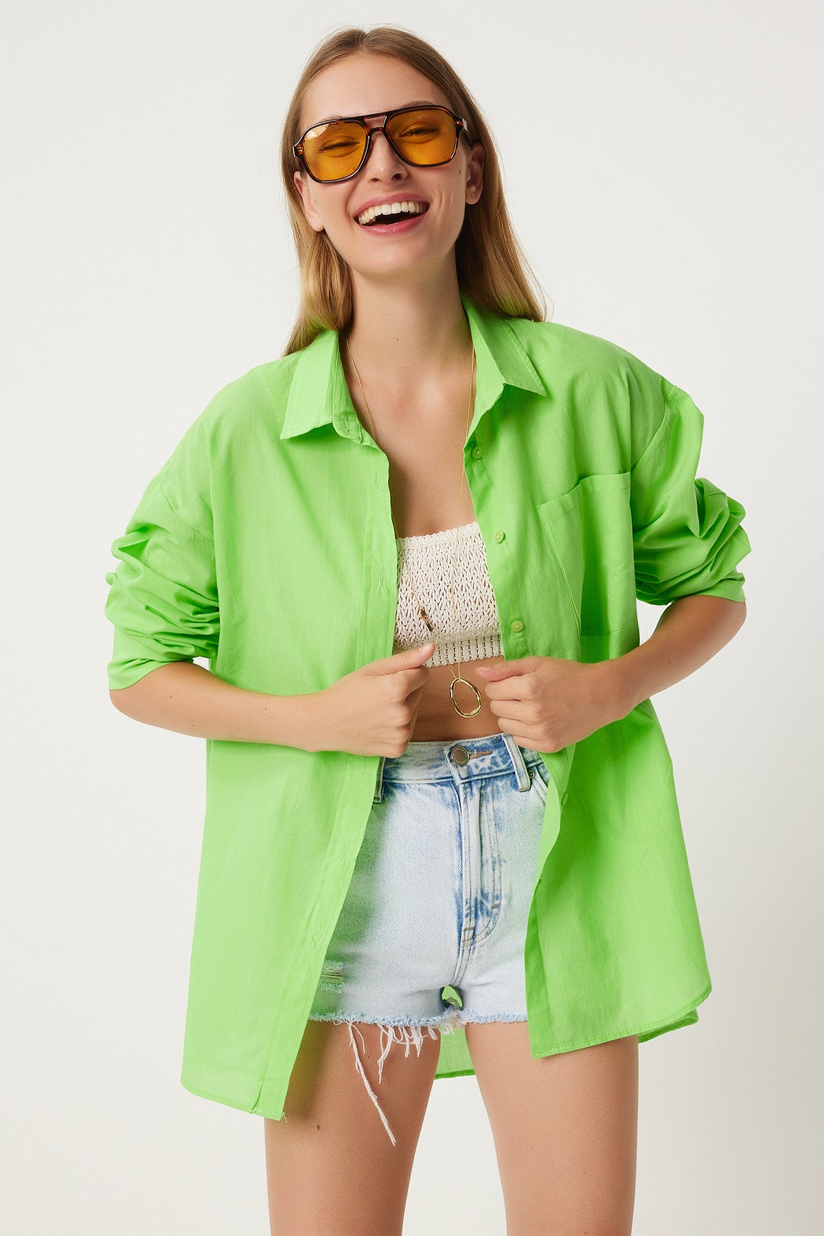 Canlı Yeşil Tek Cepli Yazlık Oversize Vual Gömlek FN03244