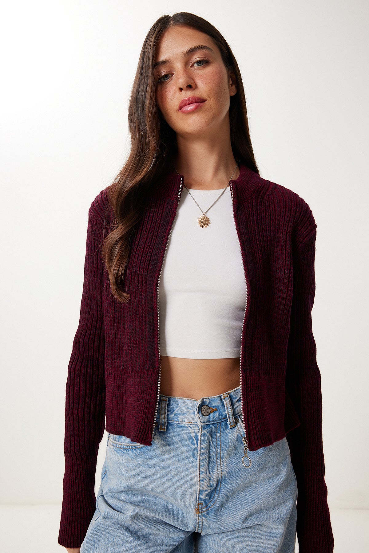 Bordo Dik Yaka Fermuarlı Triko Hırka YY00249