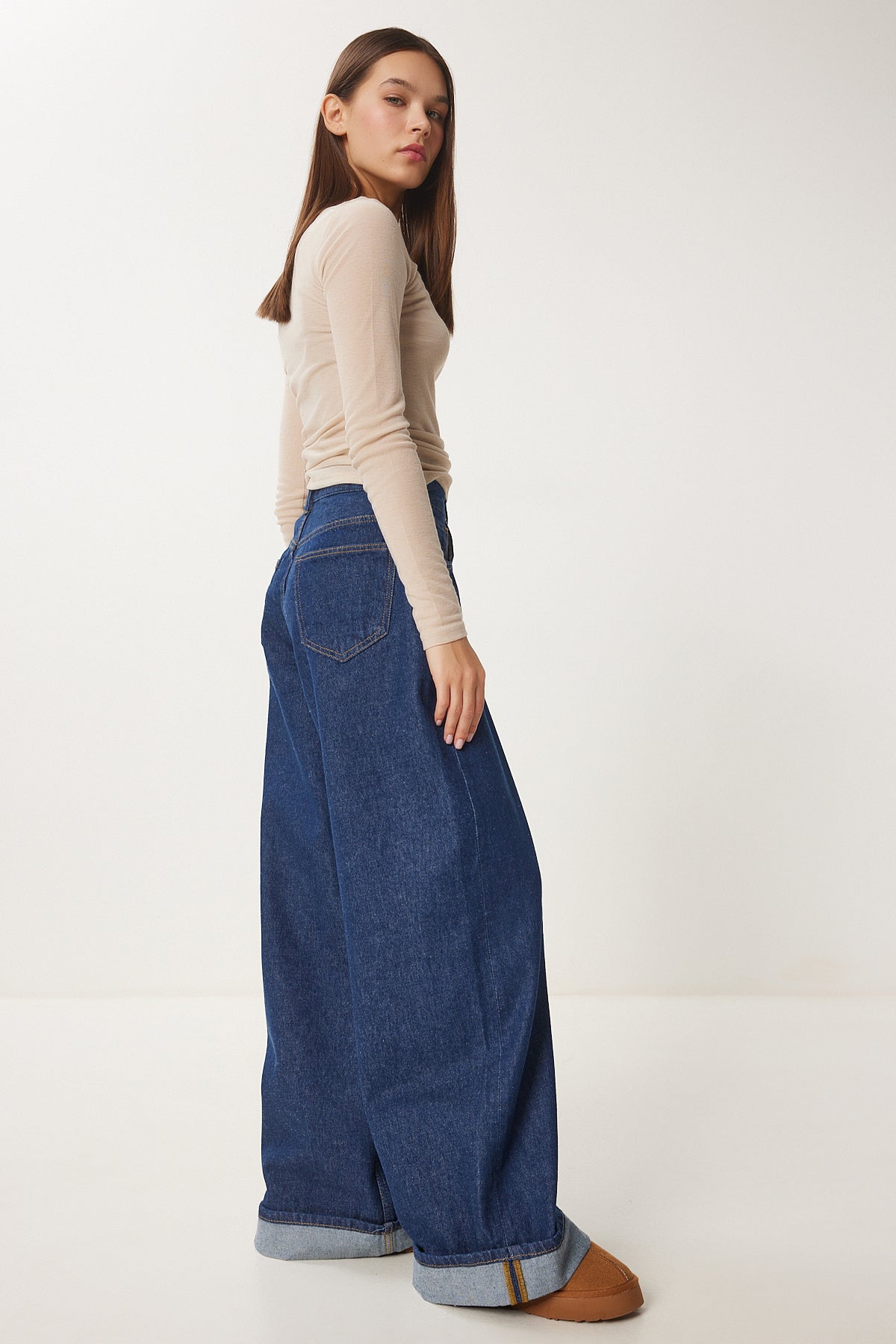 Koyu Mavi Yüksek Bel Geniş Paça Jeans RH00032