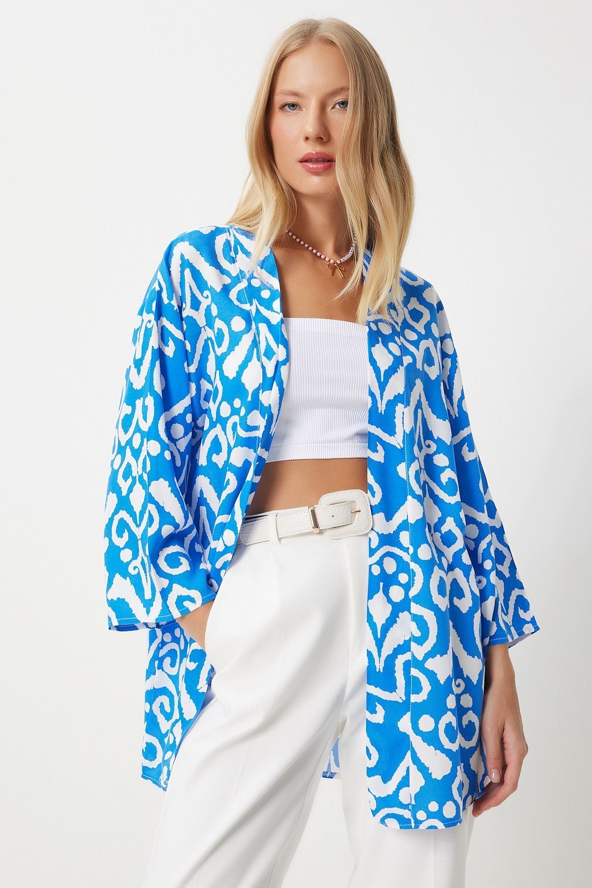 Canlı Mavi Desenli Viskon Kimono EN00615