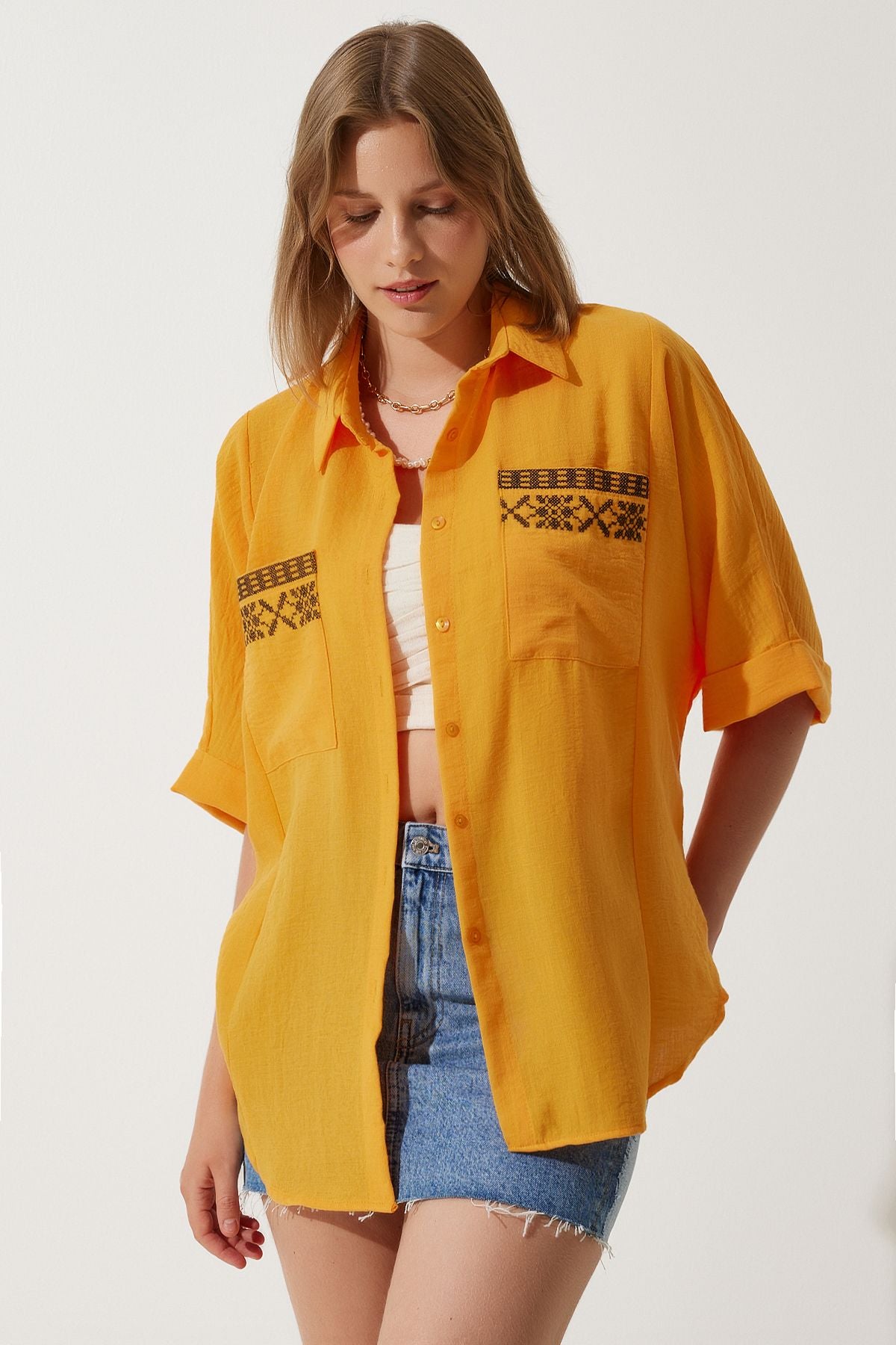Oranj Nakışlı Cepli Oversize Keten Ayrobin Gömlek RG00031