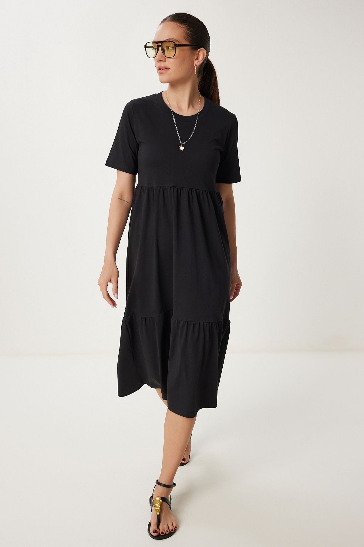 Siyah Oversize Volanlı Yazlık Örme Elbise CR00475
