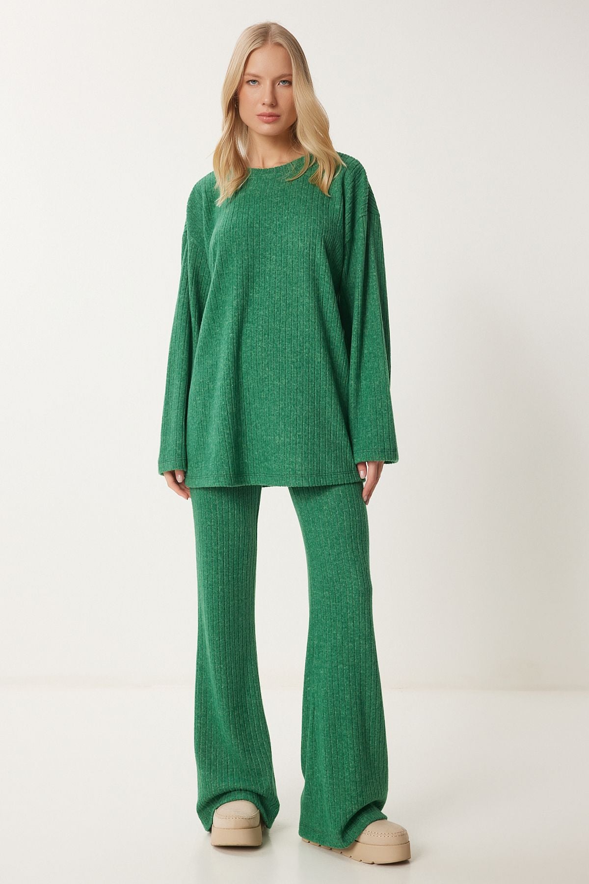 Yeşil Rahat Fitilli Örme Bluz Pantolon Takım RG00047