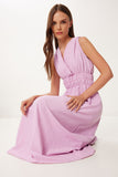 Pembe Anvelop Yaka Midi Dokuma Elbise BV00159