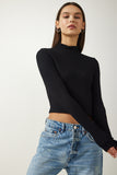 Siyah Balıkçı Yaka Fitilli Crop Örme Bluz AH00153