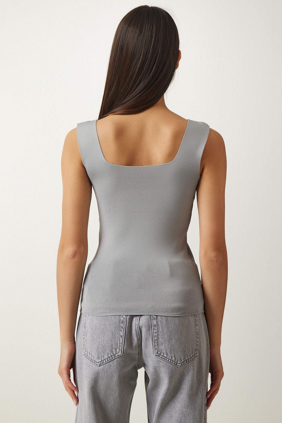 Gri Kare Yaka Triko Crop Bluz US00358