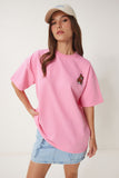 Pembe Ayıcık İşlemeli Oversize Örme T-Shirt ZV00286