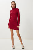 Bordo Büzgülü Esnek Mini Örme Elbise UB00474