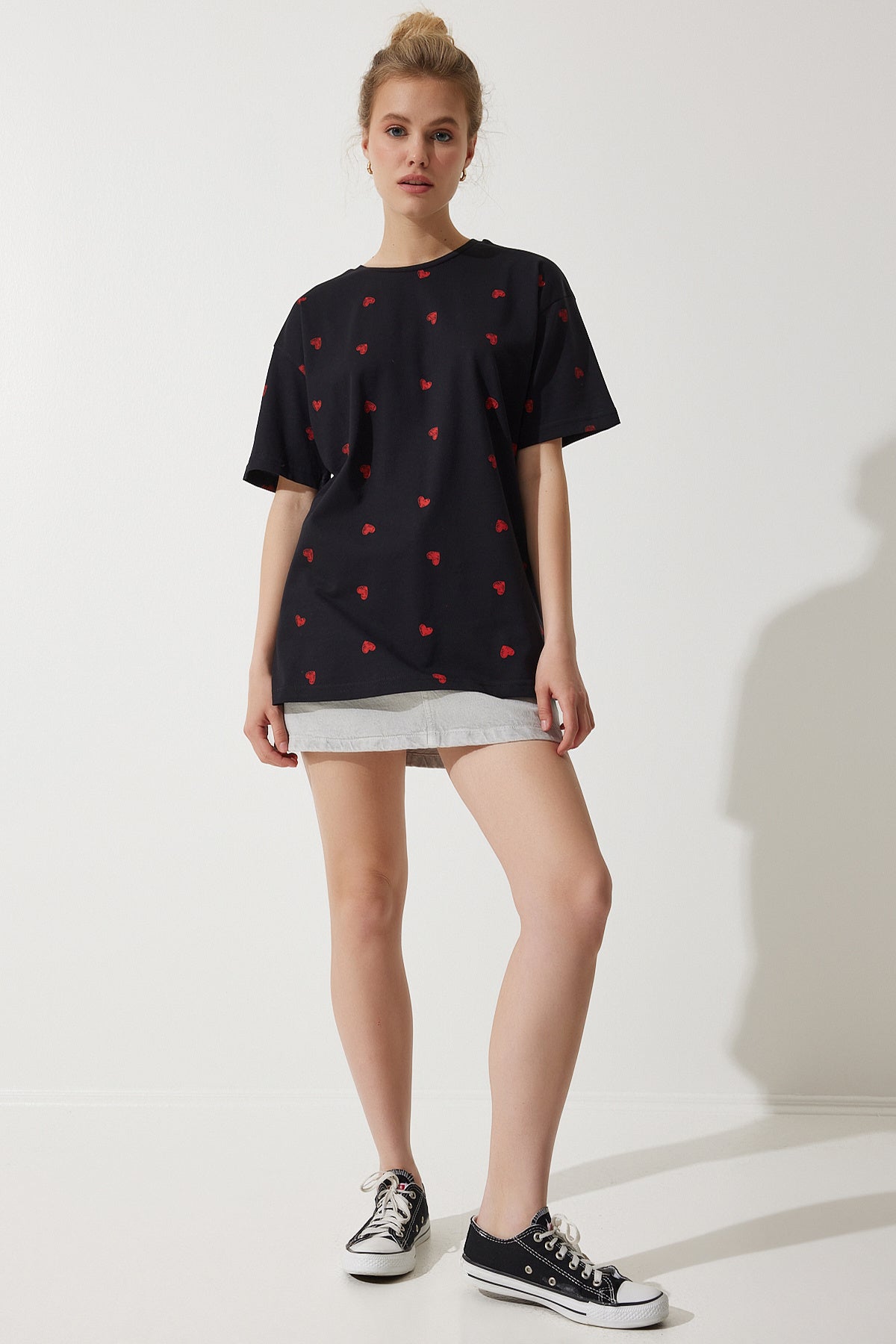 Siyah Kalpli %100 Pamuk Oversize Uzun Örme T-Shirt NJ00148
