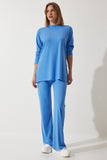 Gök Mavi Fitilli Örme Bluz Pantolon Takım KH00088