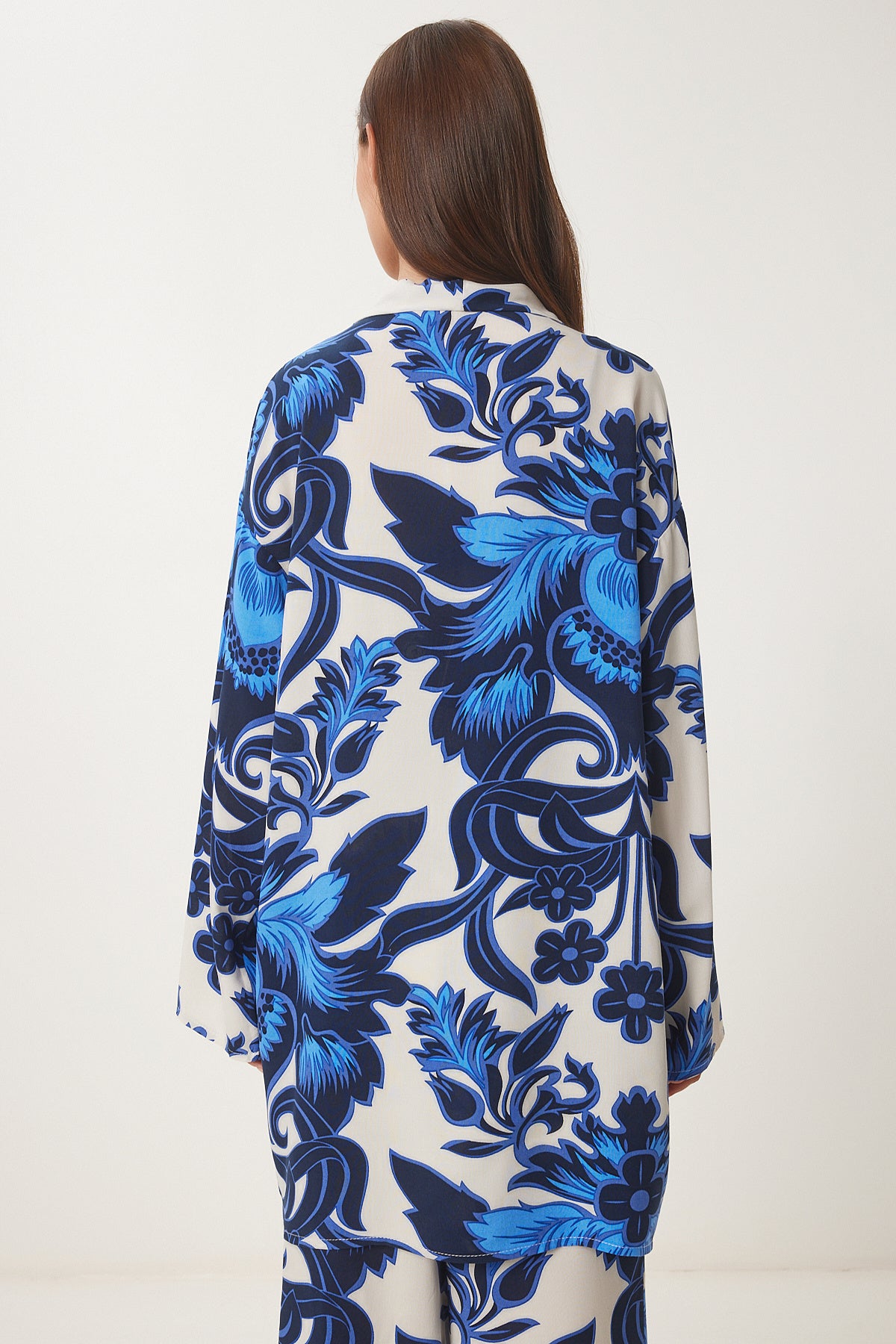 Mavi Kemik Desenli Viskon Kimono Pantolon Takım JE00002