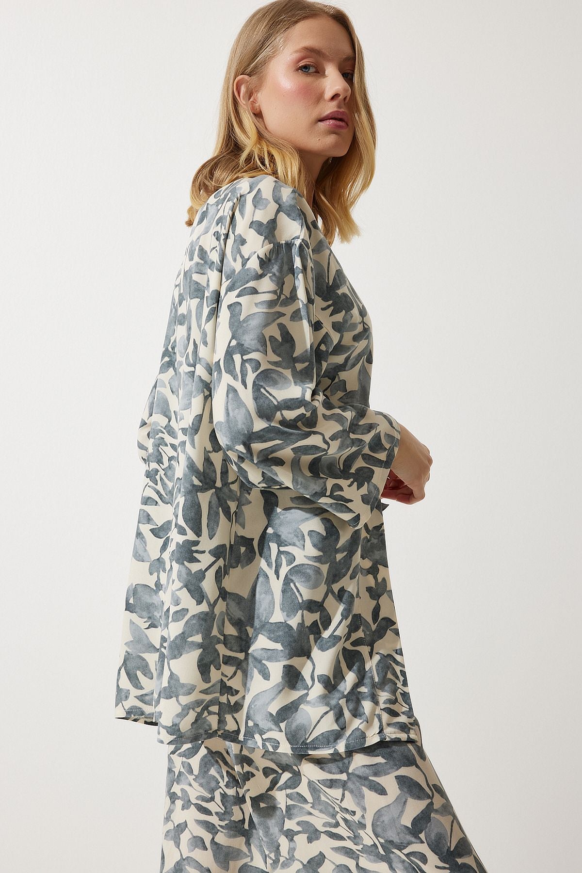 Kemik Gri Desenli Kimono Palazzo Pantolon Takım EN00614
