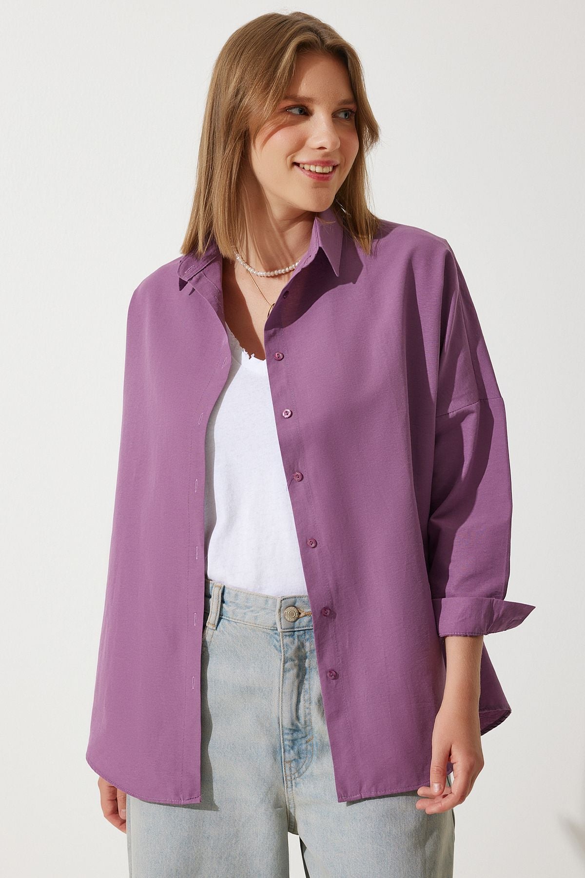 Koyu Lila Oversize Uzun Basic Gömlek DD00842