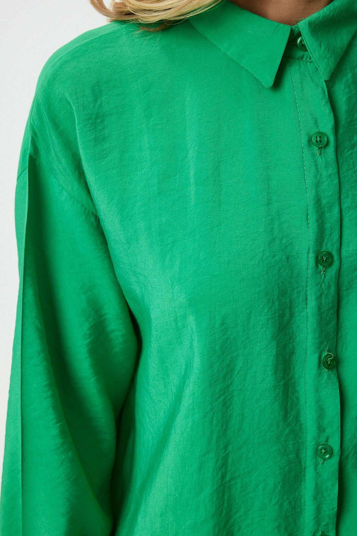 Yeşil Oversize Uzun Keten Ayrobin Gömlek TO00141
