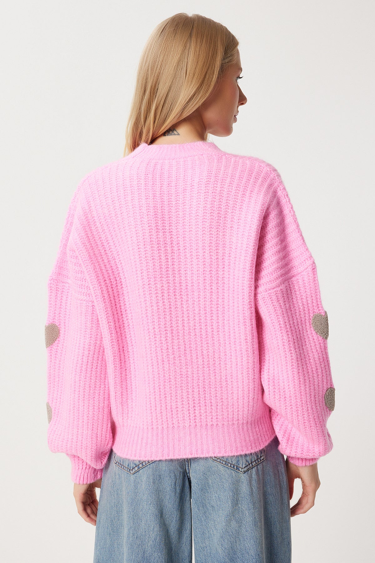 Pembe Kalp Motifli Oversize Triko Hırka PF00084