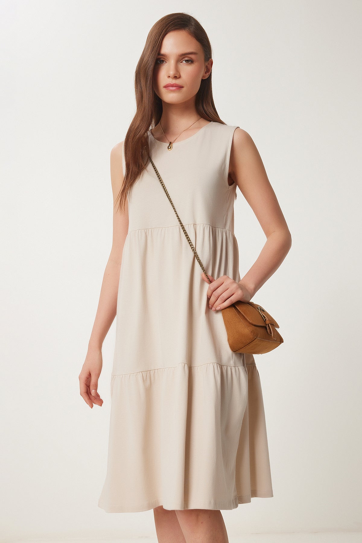 Krem Kolsuz Basic Yazlık Örme Elbise CR00479