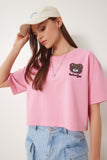 Pembe Ayıcık Armalı Crop Örme T-Shirt ZV00298