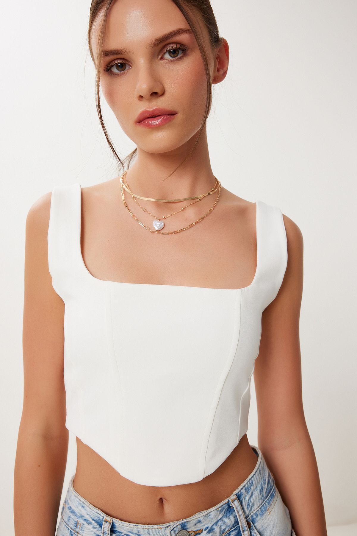 Ekru Krem 2’Li Paket Askılı Crop Dokuma Bluz MX00220