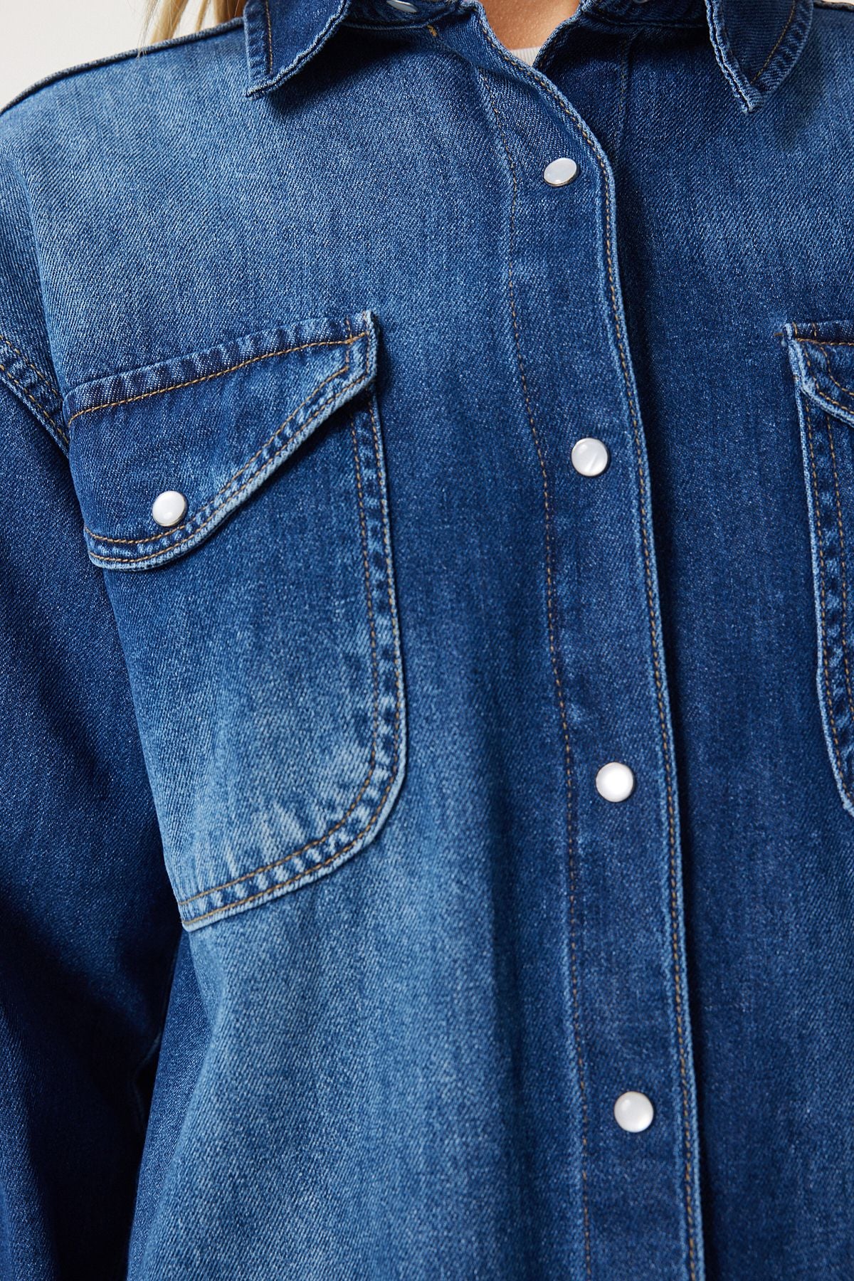 Koyu Mavi Kapaklı Cepli Denim Gömlek UL00044