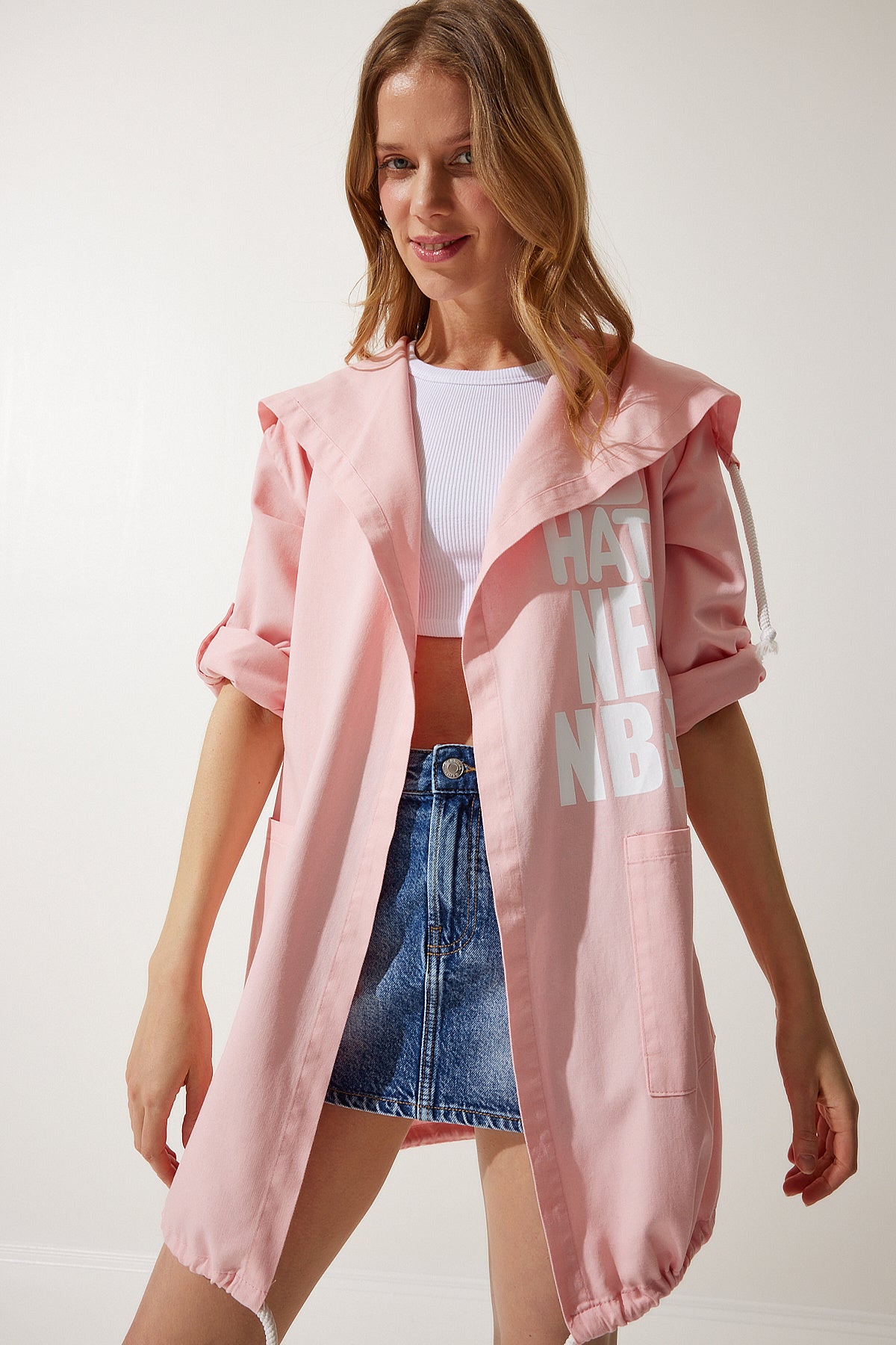 Pembe Baskılı Oversize Gabardin Ceket SA00023