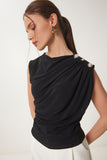 Siyah Drape Detaylı Düğmeli Sandy Bluz RX00056