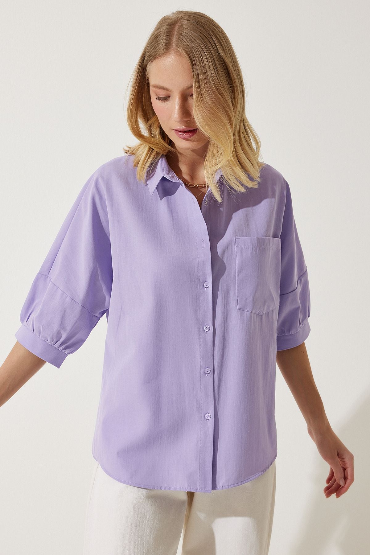 Lila Balon Kollu Poplin Gömlek DD01308
