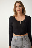 Siyah Fermuarlı Fitilli Crop Bluz SF00006