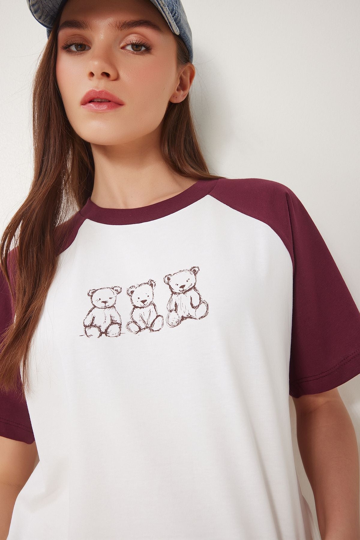 Bordo Kemik Ayıcık Baskılı Pamuklu Örme T-Shirt CR00477