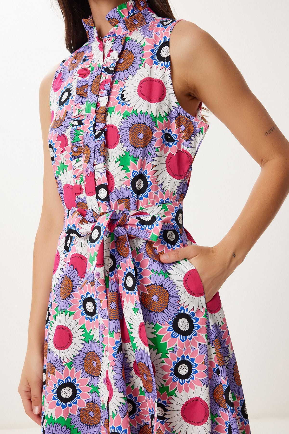 Mor Pembe Çiçek Desenli Midi Elbise FK00040