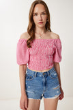 Pembe Kareli Carmen Yaka Esnek Crop Keten Bluz TP00079