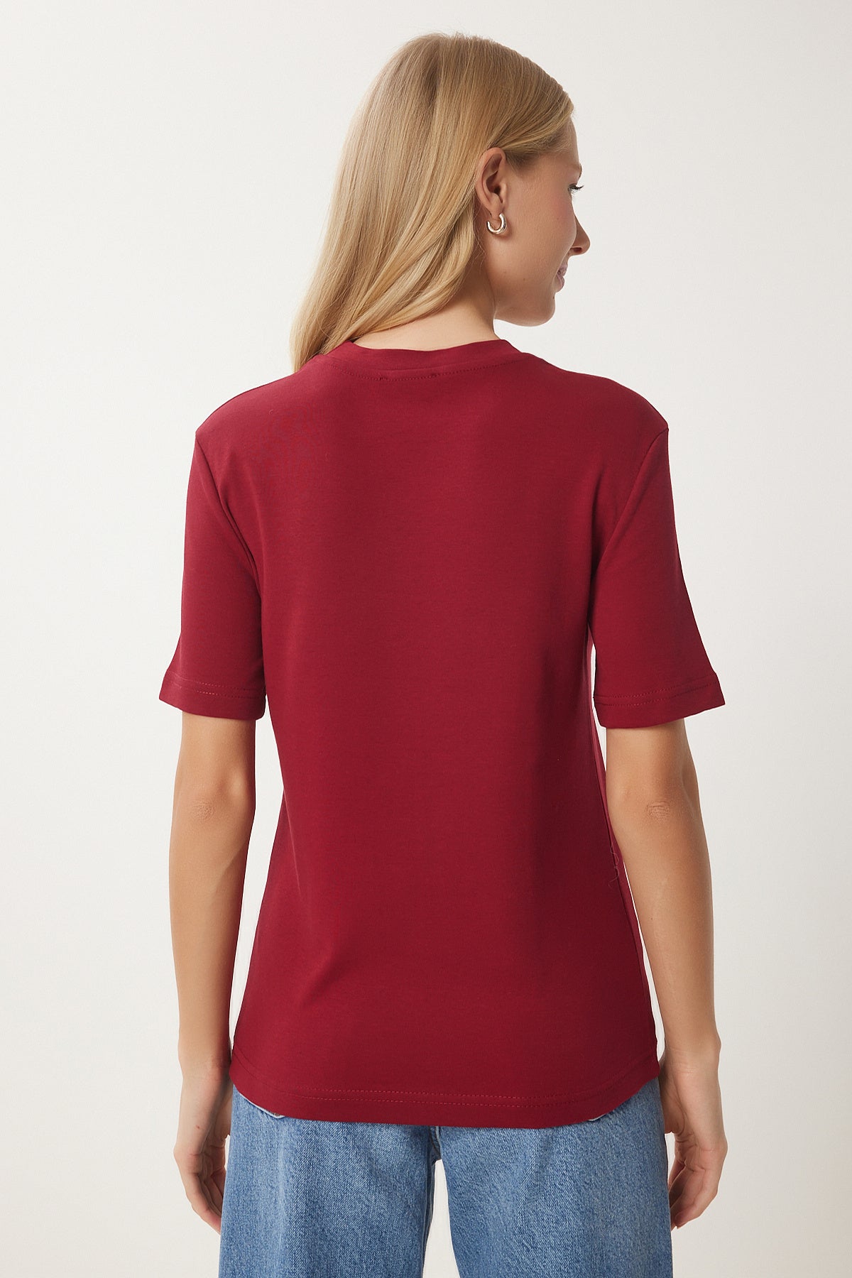 Bordo Beyaz 2'Li Paket Pamuklu Basic Örme T-Shirt AG00002
