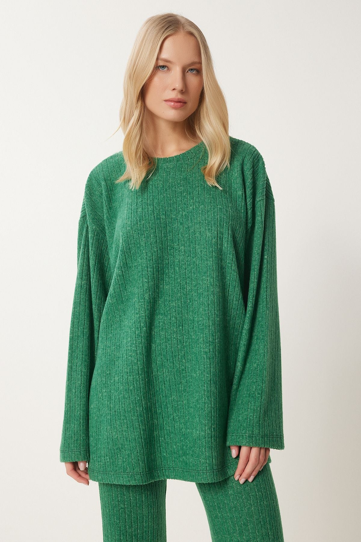 Yeşil Rahat Fitilli Örme Bluz Pantolon Takım RG00047