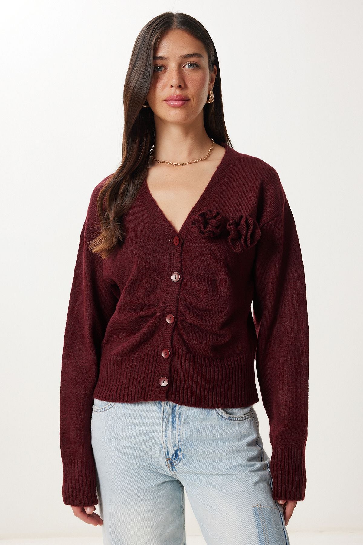 Bordo Çiçek Detaylı Triko Hırka YY00250