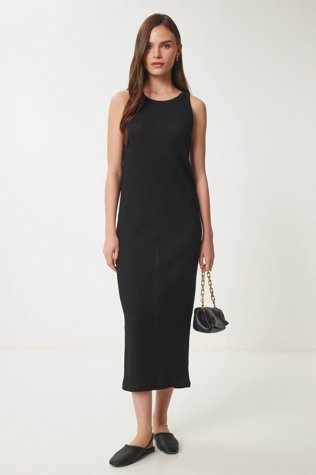 Siyah Basic Fitilli Midi Örme Elbise WO00049