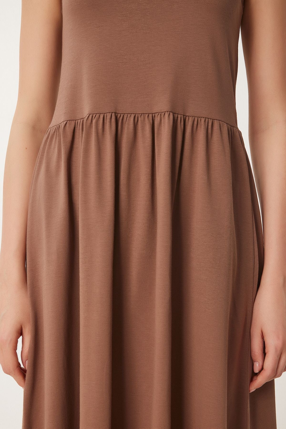 Kahverengi Halter Yaka Basic Yazlık Örme Elbise CR00474