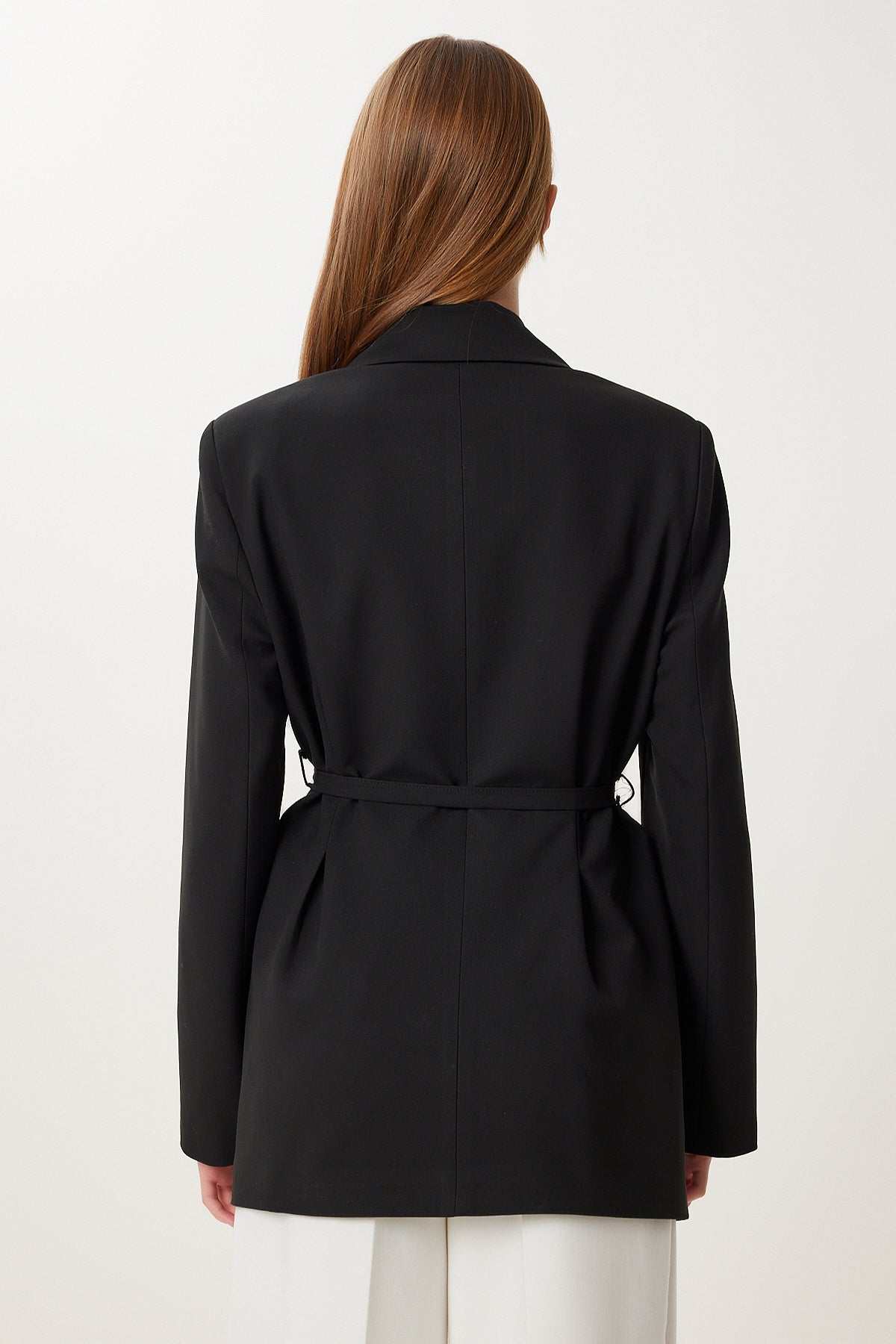 Siyah Vatkalı Kemerli Blazer Dokuma Ceket KT00023