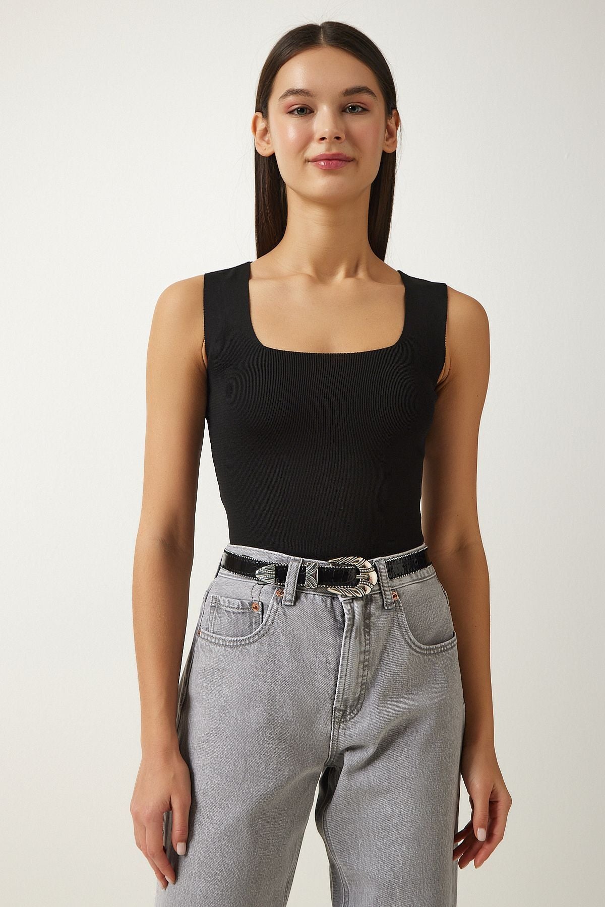 Siyah Kare Yaka Triko Crop Bluz US00358