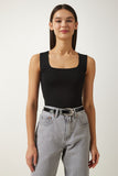 Siyah Kare Yaka Triko Crop Bluz US00358