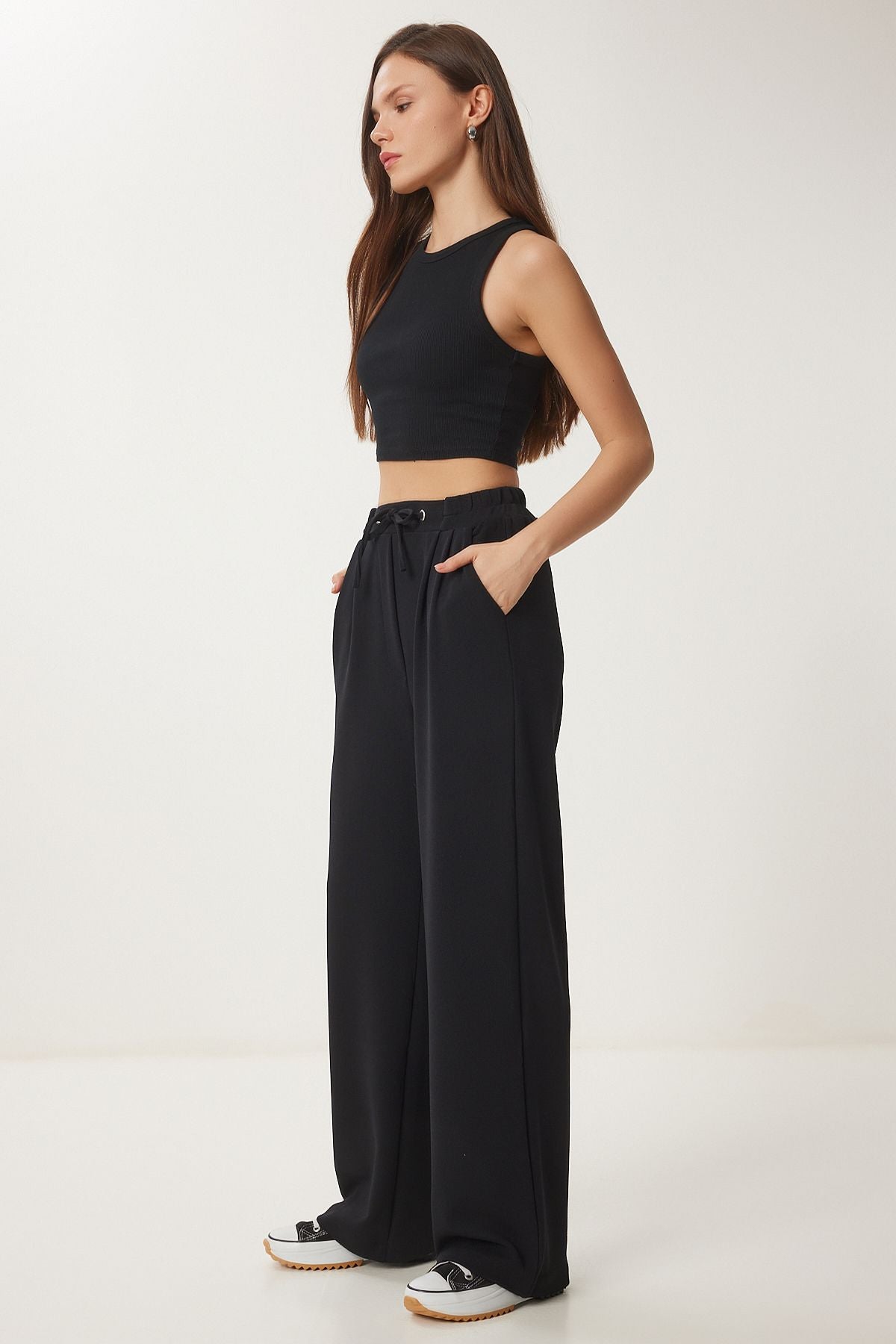 Siyah Bol Paça Rahat Örme Pantolon RV00204