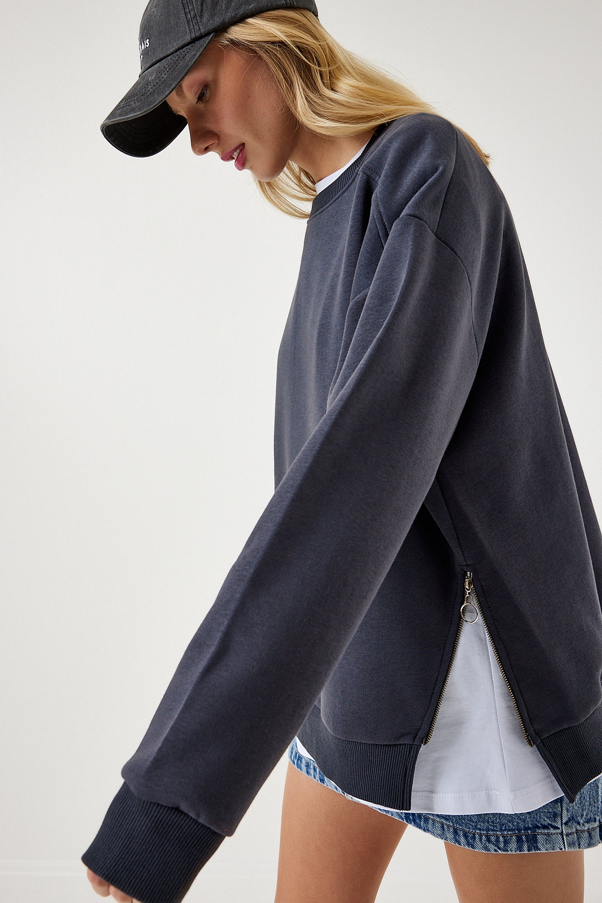 Antrasit Fermuar Detaylı Şardonlu Örme Sweatshirt UB00148