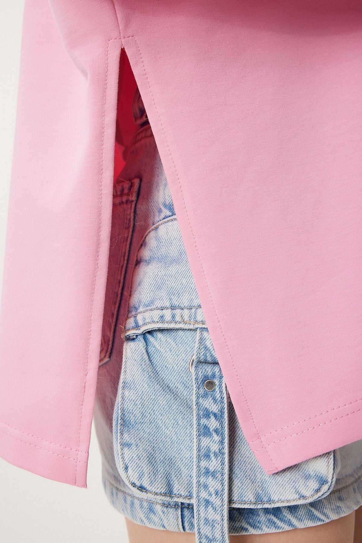 Pembe Yandan Yırtmaçlı Oversize Örme Sweatshirt UL00050