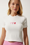 Ekru Kalp Nakışlı Crop Örme T-Shirt MX00158