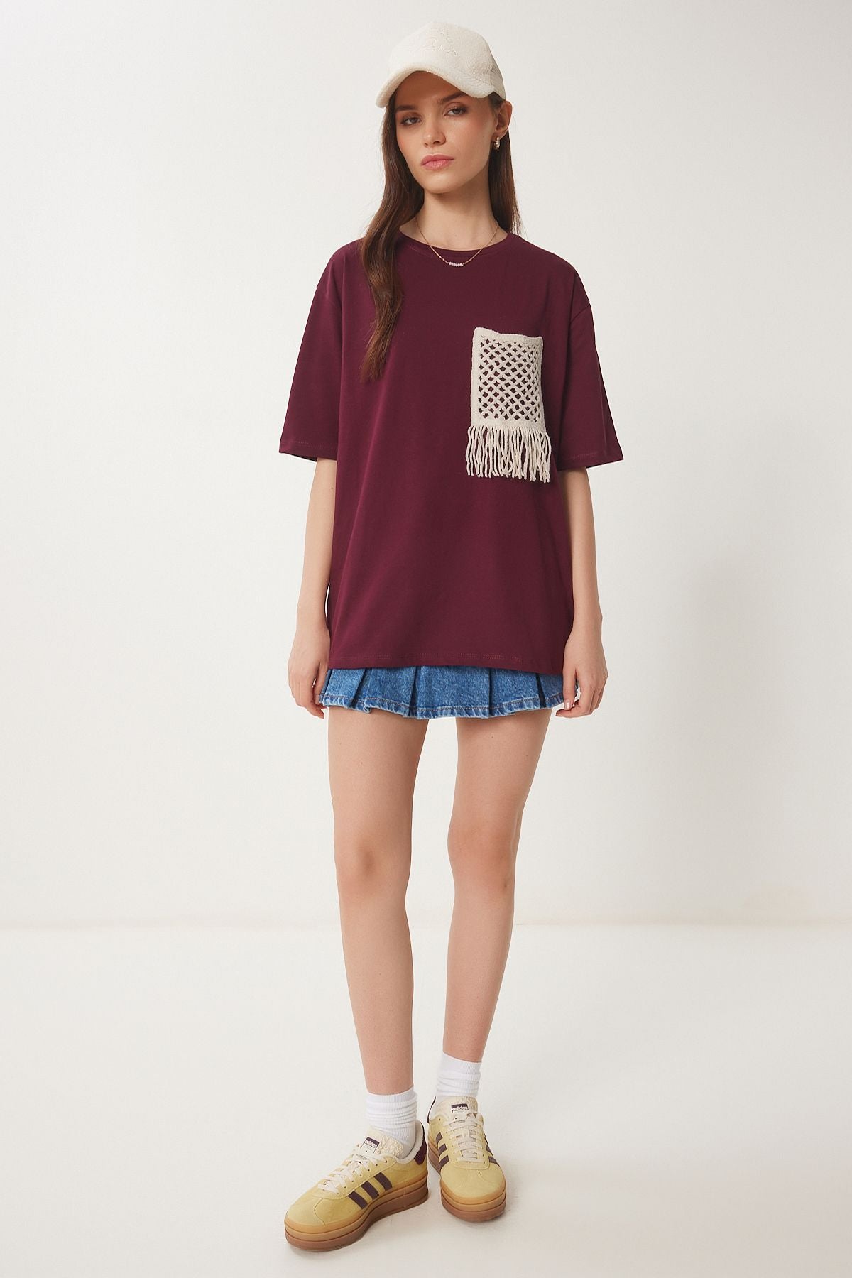 Bordo Oversize Nakış Cepli Örme T-Shirt ZV00277