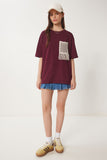 Bordo Oversize Nakış Cepli Örme T-Shirt ZV00277