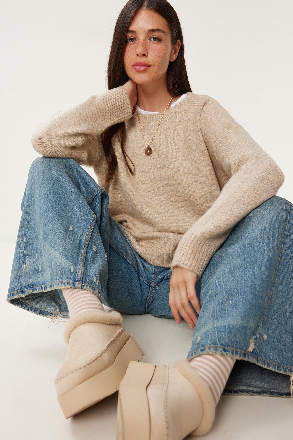 Canlı Krem Oversize Triko Kazak PN00054