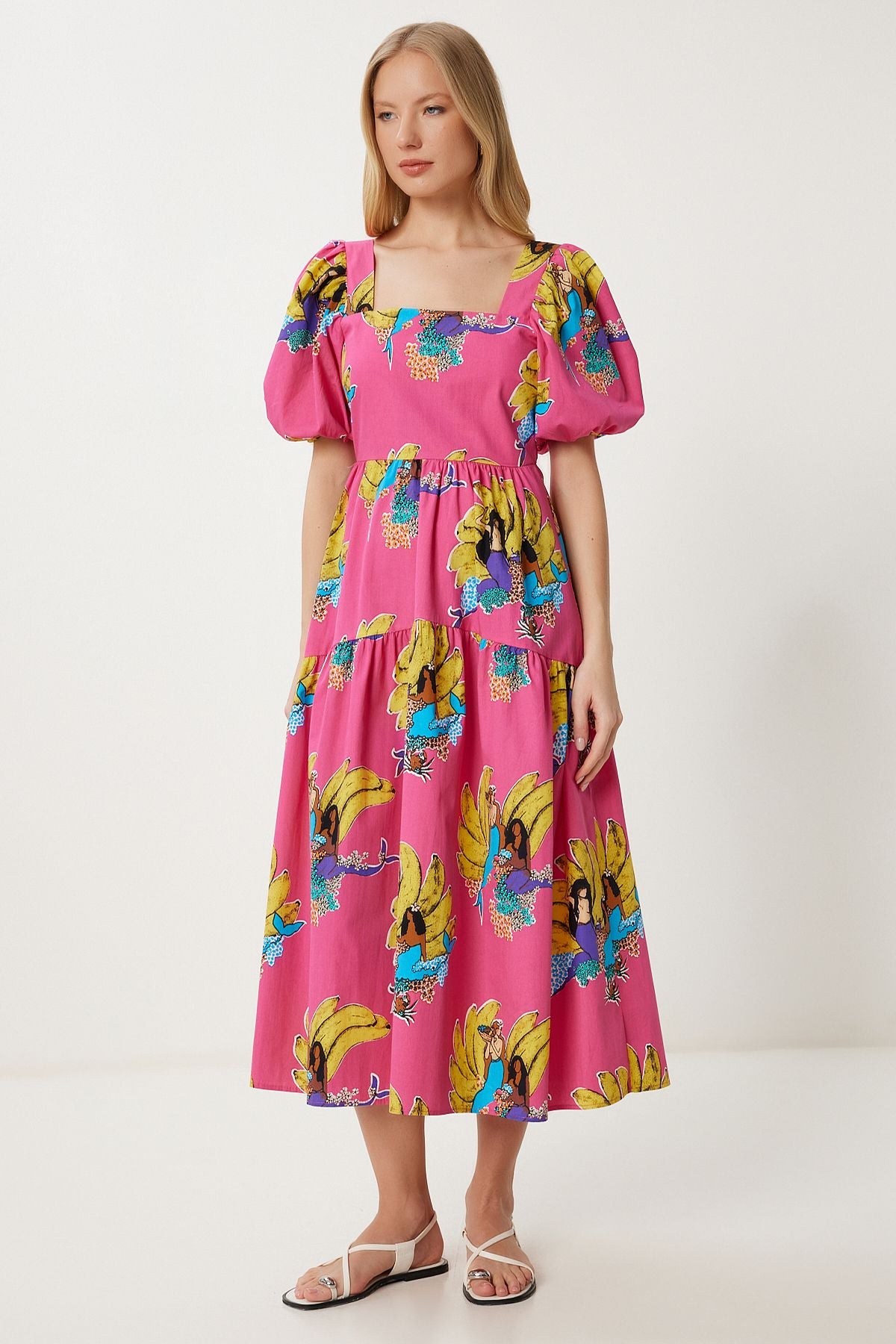 Pembe Sarı Desenli Yazlık Midi Poplin Elbise FK00017