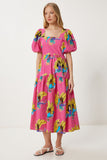 Pembe Sarı Desenli Yazlık Midi Poplin Elbise FK00017