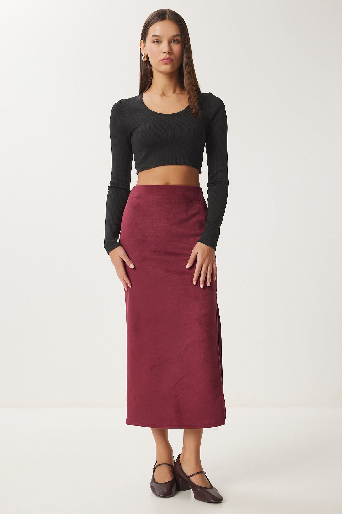 Bordo Yırtmaçlı Uzun Süet Dokuma Etek MC00292