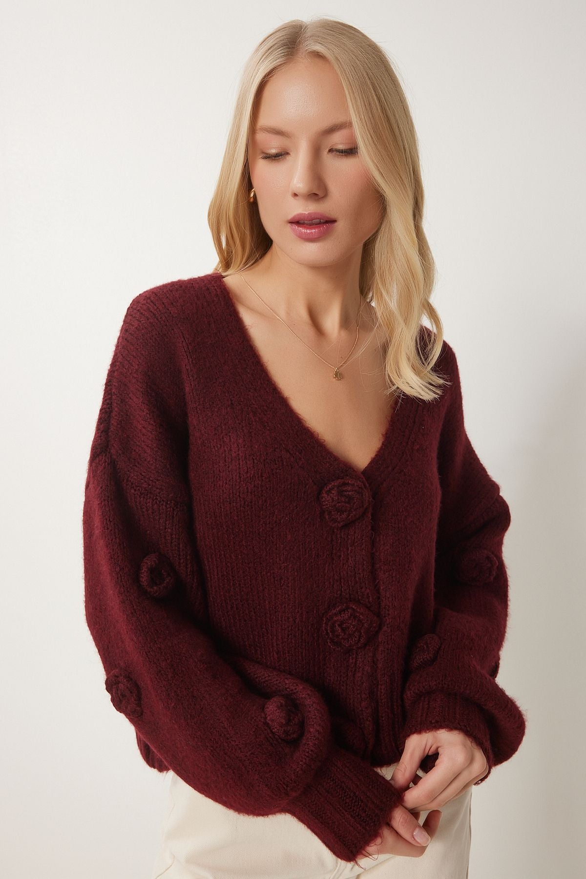 Bordo Ponpon Çiçek Detaylı Triko Hırka PF00078